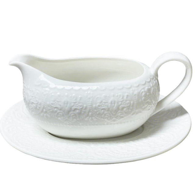 LINXUXIE 7 OZ White Gravy Boat with Tray, Ceramic Vintage Sauce Serving Dish with Big Dripless Lip Spout For Gravy, Salad Cream, Milk, Broth, Black Pepper, Gravy Bowl for Thanksgiving Halloween