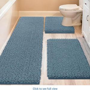 ACCUMTEK Upgrade Extra Large Haze Blue Bathroom Rug Set 3 Pieces Ultra Soft, Thick Absorbent Bath Mats, Non Slip Chenille Toilet Mat for Bathroom, Bedroom, Kitchen, Stone Blue