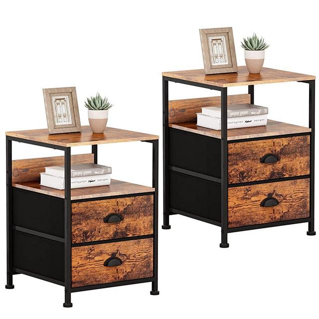 Furologee Set of 2 Nightstand, End Table with 2 Fabric Drawers and Shelf, Industrial Side Sofa Table, Bedside Accent Furniture Metal Frame Easy Assembly for Living Room/Bedroom/Halway, Rustic Brown