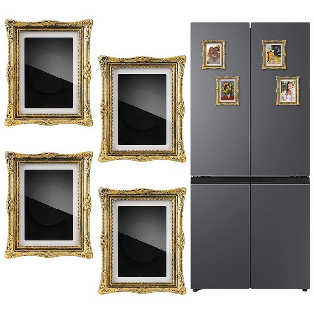 XIAOSTONE Magnetic Mini Photo Frames for Refrigerator 4 Pcs,Vintage Small Picture Frame Magnets for Fridge 3.54 x 2.75 Inch(Gold)
