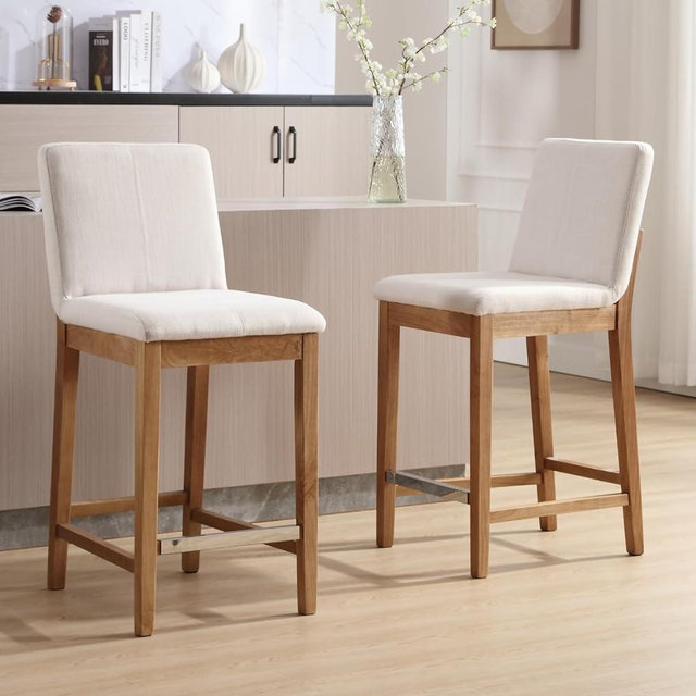 DM Furniture Counter Height Bar Stools Set of 2 Linen Fabric Upholstered Kitchen Island Stools with Back 26 Inch Mid Century Rectangle Wood Barstool for Dining Room/Home Bar/Patio, Beige