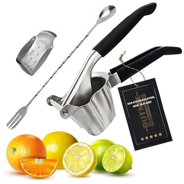 Butnix Citrus Juicer, Real Stainless Steel 304, 3-in-1 Lemon Lime Orange Squeezer with Cocktail Mixing Spoon, Elegant Gift for Kitchen Lovers, Non-Slip Grip, Life Time Warranty