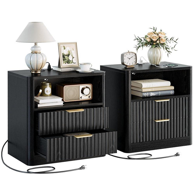 IRONCK Fluted Night Stand, Modern Nightstand with Charging Station, Drawers and Open Shelves - Bedside Table Wood Side Table for Bedroom, Black