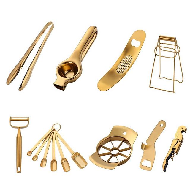 Gold Garlic Press Bottler Wine Opener Measuring Spoons Lemon Squeezer Vegetable Peeler Apple Cutter Kitchen Tongs Hot Plate Gripper Ice Tongs Kitchen Accessories Tools Set, Dish Washer Safe