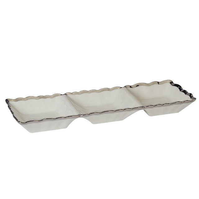 Regency Silver 3-Section Porcelain Tray with Scalloped Edges & Metallic Silver Rim, 15" Elegant Serving Tray for Appetizers, Dips & Relishes, Perfect for Entertaining & Everyday
