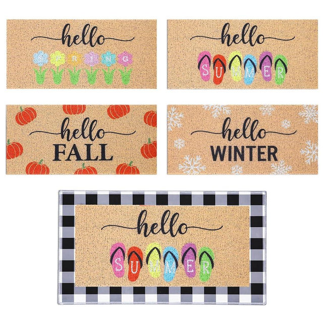 Tinideya 5 Pcs Seasonal Front Door Mat Set Interchangeable Welcome Doormats with Black and White Checkered 22 x 10 Inches Non Slip Mat Entrance Home Floor for Front Door Entrance Decor