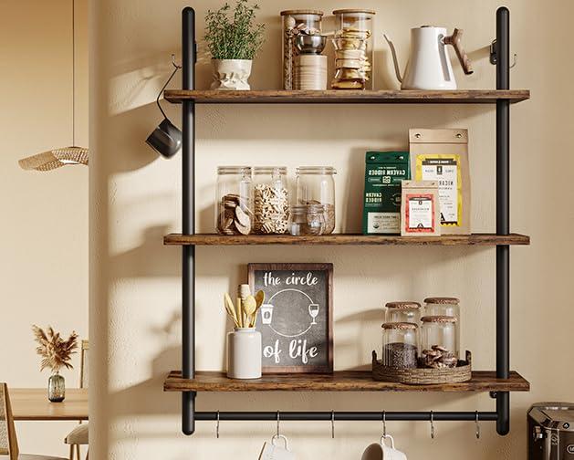 Bestier 3 Tier Industrial Pipe Shelving, Floating Book Shelves for Wall, Storage Hanging Shelves with Towel Bar for Bathroom Organizer Bedroom Kitchen Plants Office. 31.5 Inch Rustic Brown