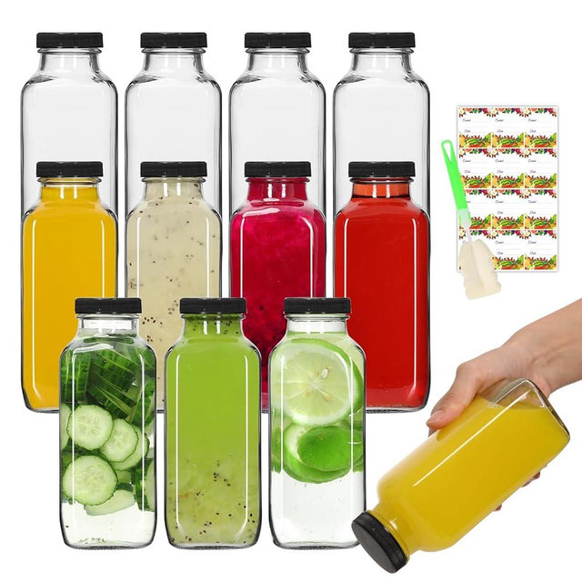 AuroTrends 12 oz Glass Bottles with Lids 12Pack, 360ml Glass Bottles for Juicing, Water, Kombucha - Portable Glass Juicing Bottles Reusable Glass 12oz (12fl.oz, Set of 12)