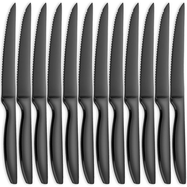 Black Steak Knives of 12, High End Stainless Steel Steak Knives Set of 12, Dishwasher Safe Steak Knive, Serrated
