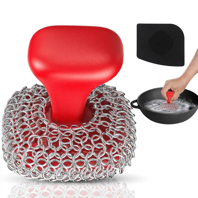 Purgreat Cast Iron Scrubber | Dish Scrub Brush | 316 Cast Iron Cleaner Chainmail Scrubber for Pan Skillet Cleaner - Dish Scouring Pad Dishwasher Safe Cleaning Kit, Red