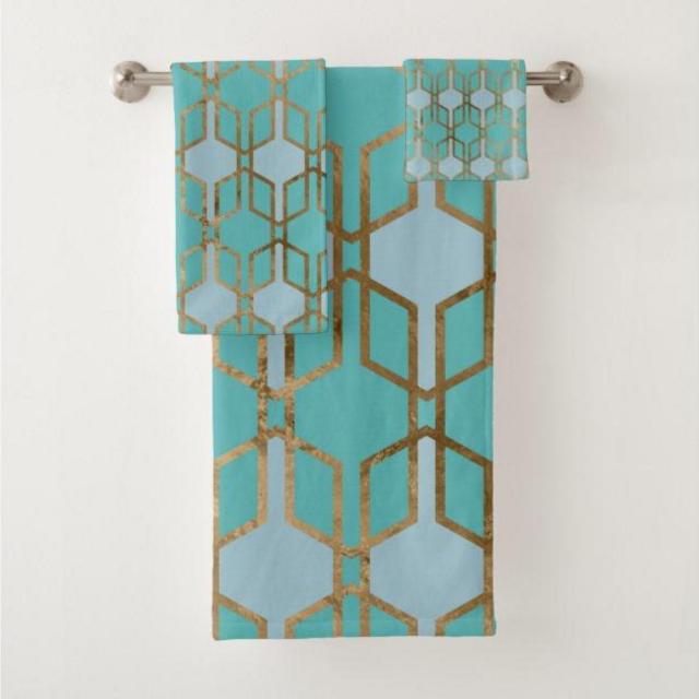 Geometric Teal and Gold pattern N3 Bath Towel Set
