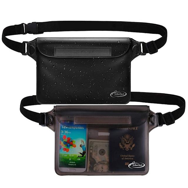 AiRunTech Waterproof Pouch with Waist Strap (2 Pack) | Beach Accessories Best Way to Keep Your Phone and Valuables Safe and Dry | Perfect for Boating Swimming Snorkeling Kayaking Beach Poo(Gray+Black)