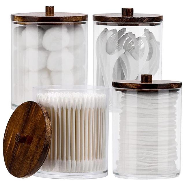 Tbestmax 4 Pack Qtip Holder Dispenser Cotton Ball, Cotton Swab, Floss - 10 oz, 12 oz Clear Plastic Apothecary Jars for Bathroom Organizer and Storage Containers (Black Bamboo Lids)