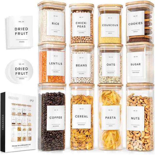 Square Glass Storage Containers with Bamboo Lids 12-Pack (4x 33.8 oz, 8x 20.2 oz) Airtight Storage Jars with Lids for Food, Stackable Kitchen Canisters with 114 Labels for Pantry [Thicker Glass 3mm]