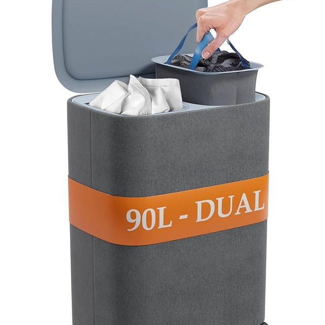 XABITAT Dual Section 90L Laundry Basket with Wheels and Lid – Tall divided Double Laundry Hamper with 2 Removable Washable Bags, Large Laundry Sorter for Easy Clothes Separation