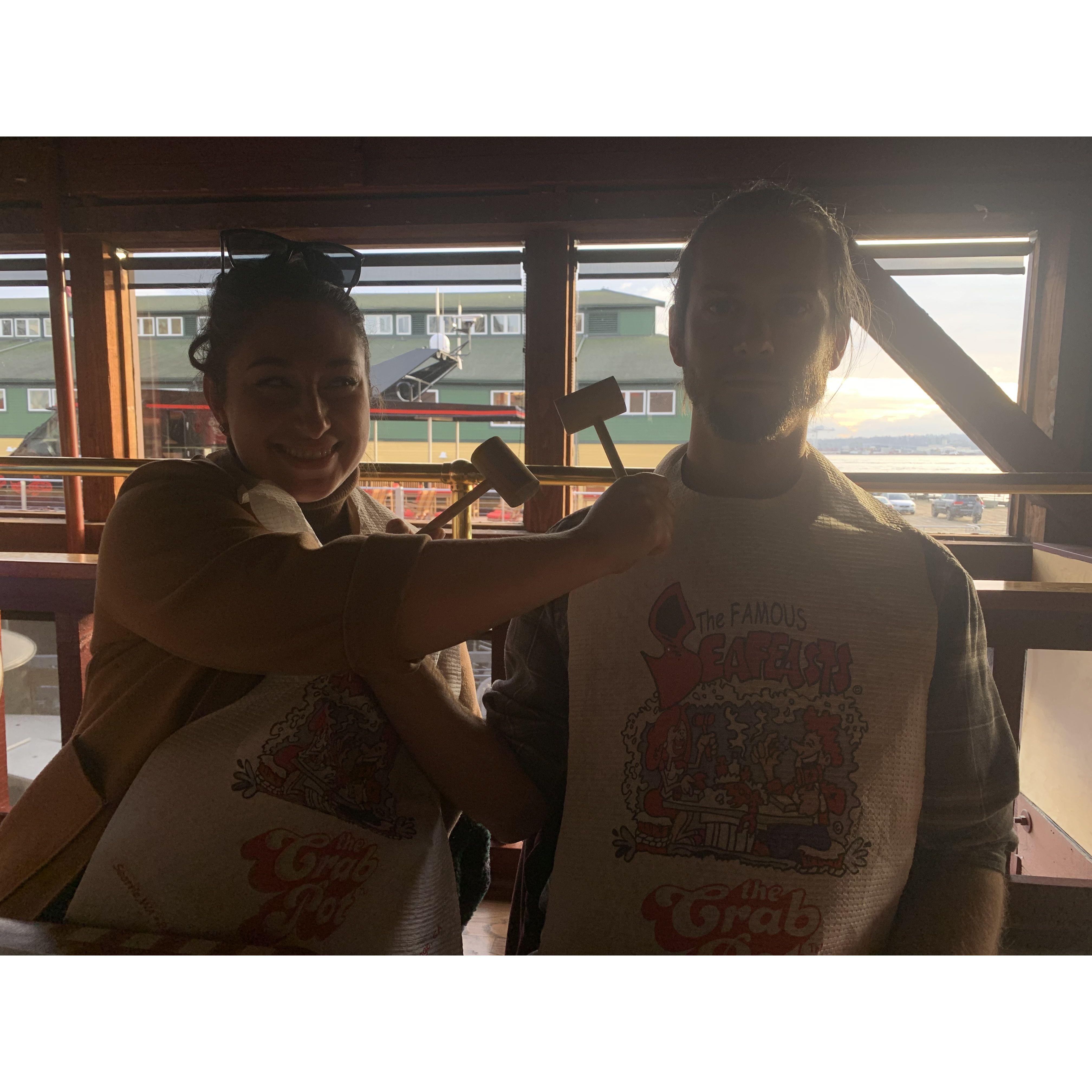 Dinner at the Crab Pot in Seattle for Bob McKellar and Rachel Leggett's rehearsal dinner; December 2021