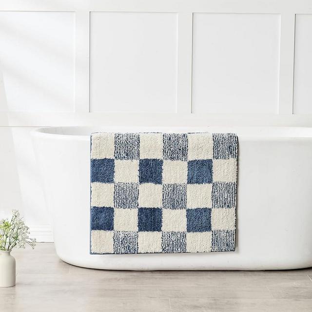 CozeCube Blue Checkered Bath mats for Bathroom Non Slip, Fluffy Absorbent Microfiber Runner Bath mat Washable, Aesthetic Bathroom Rugs, Long Bath mat for Bathroom Floor, 47" x 24"