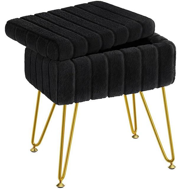 Greenstell Vanity Stool Chair Faux Fur with Storage, 15.7"L x 11.8"W x 19.4"H Soft Ottoman 4 Metal Legs with Anti-Slip Feet, Furry Padded Seat, Modern Multifunctional Chairs for Makeup, Bedroom Black