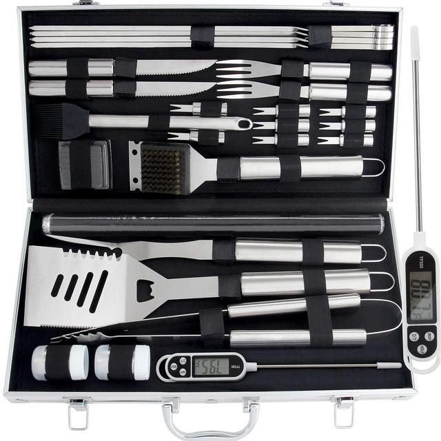 ROMANTICIST 28pc BBQ Accessories Set with Thermometer - The Very Best Grill Gift on Birthday Wedding - Heavy Duty Stainless Steel Grill Set in Case for Outdoor Cooking Camping Grilling Smoking
