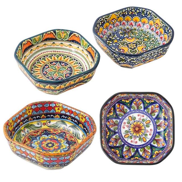 Boho 8 Oz Dipping Sauce Bowls, 4.3 Inches Ceramic Soy Sauce Dish, Bohemian Small Plates 4 Inch,Square Side Dishes, Small Appetizer Plates Set of 4, Colorful Dip Bowl, Microwave, Dishwasher, Oven Safe