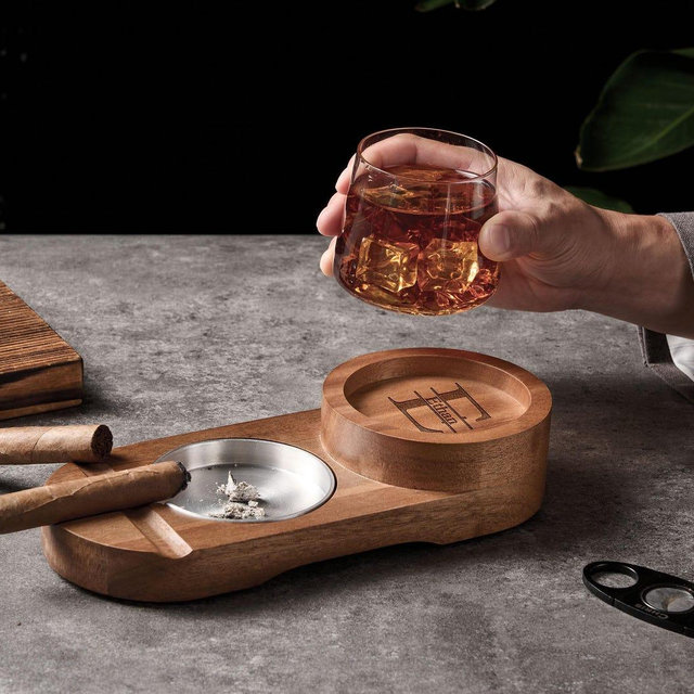 Custom Wooden Whiskey and Cigar Ashtray – Engraved Men’s Gift, Bar Decor, Husband Gift, Groomsmen or Retirement Present
