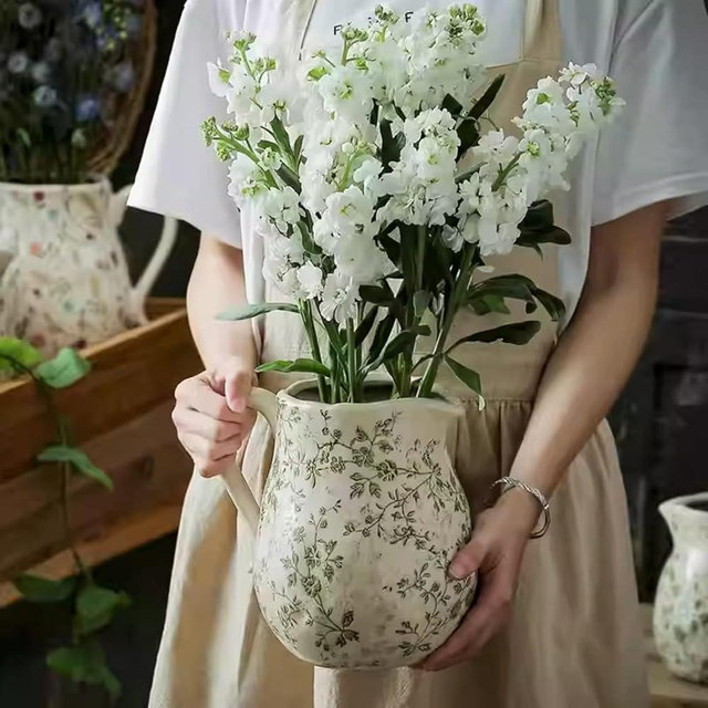 Ceramic Pitcher Vase, Farmhouse Ceramic Vase with Handle, Beige and Green Floral Vintage Vases for Home Decor, Centerpiece for Your Kitchen/Bedroom/Office/Living Room