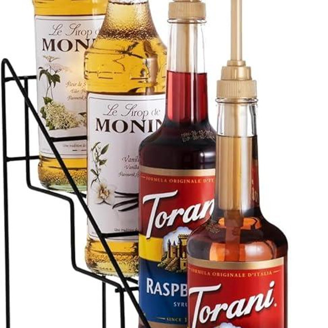 ONNEKA Coffee Syrup Rack & Syrup Holder – Loved by 5,000+ Coffee Fans! Stepped Rustproof Rack, Fits 750ml Torani & Monin Bottles, Elevate Coffee Bars, Kitchens, Pubs, Restaurants & Parties (4 Bottles)
