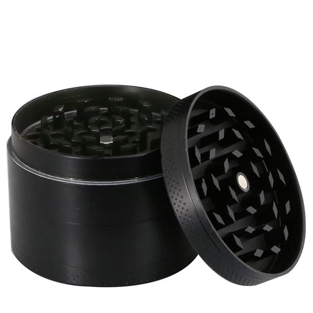 DCOU Zinc Alloy Herb Grinder with Magnetic Lid, Pollen Screen and Pollen Scraper, 4-Piece, 2.2 inch (Black)