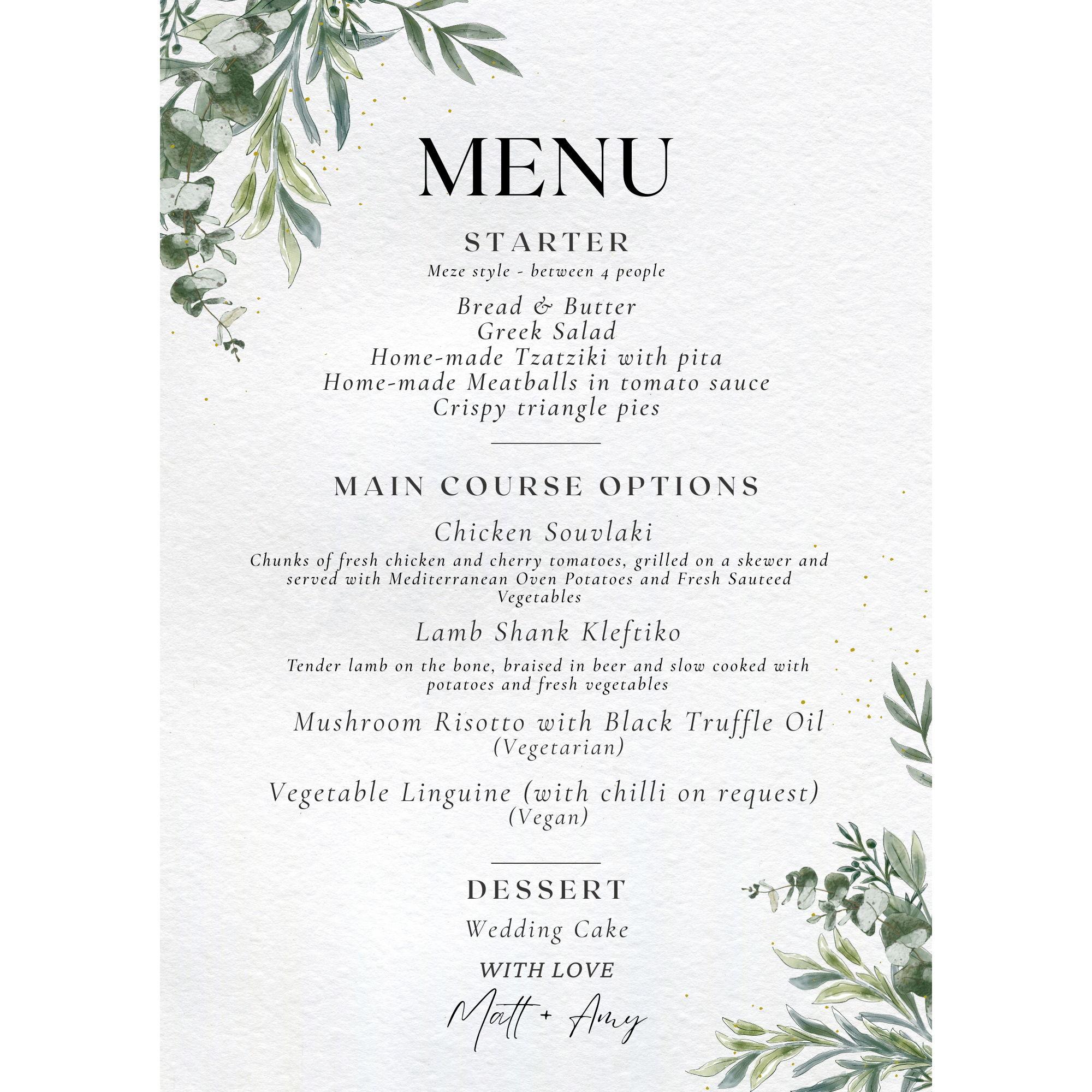 Menu for reception