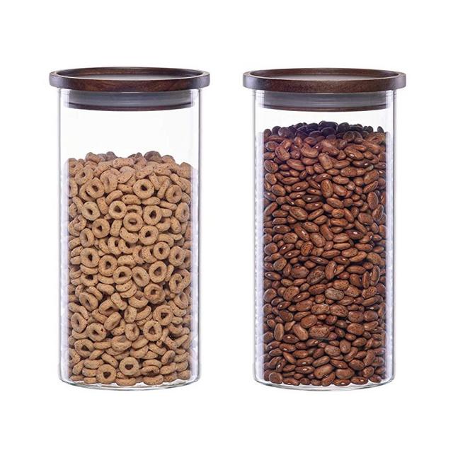 Essos Glass Jars with Wood Lids Set of (2) 44 fl oz Airtight and Stackable Storage Containers for the Kitchen Pantry Wooden Lid holds Food Cookies Pasta