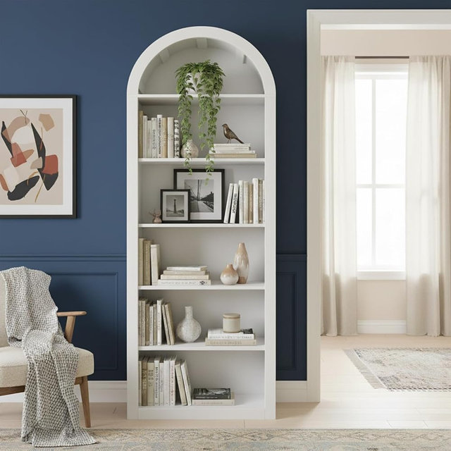 holzart 75.2" Tall Arched Bookshelf, 6-Tier Modern Bookcase, Freestanding Curved Etagere Display Rack, Wood Storage Shelving for Living Room, Home Office, White