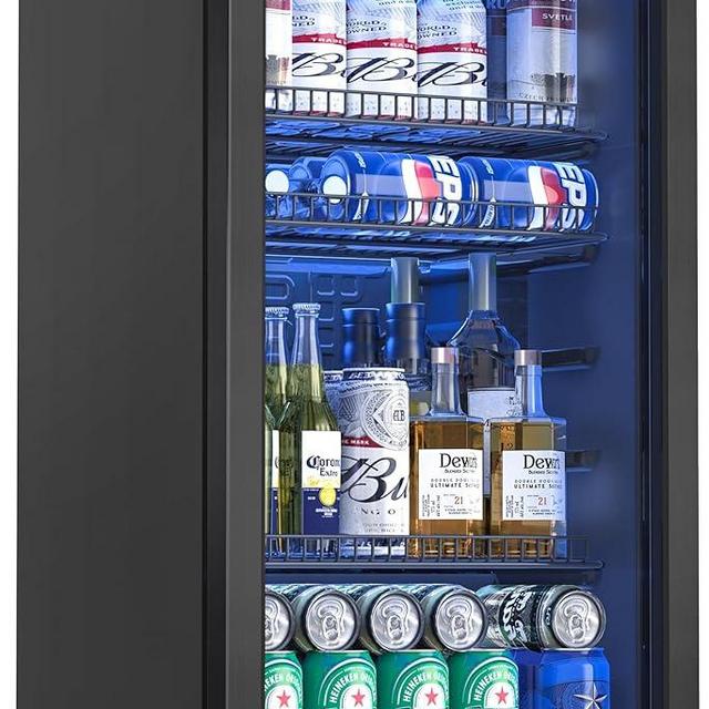 Manastin Beverage Refrigerator and Cooler, Freestanding Drink Dispenser for Soda Beer or Wine,120 Can Mini Fridge with Glass Door, Digital Temperature Control,Home, Bar, Office (Black, 3.23 Cu.Ft)