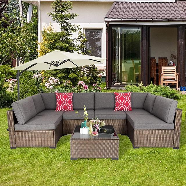 Kinsunny 7 Piece Patio Furniture Set Outdoor Wicker Sectional Set Garden Rattan Conversation Set Cushioned Sofa and Coffee Table, Dark Blonde Rattan with Dark Grey Cushions