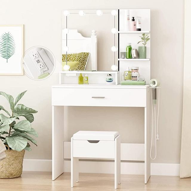 Makeup Vanity Table with Lighted Mirror & Power Strip, White Vanity Set Vanity Desk with Hair Dryer Rack, Lots Storage, 3 Lighting Modes, Brightness Adjustable, 31.5in(L)