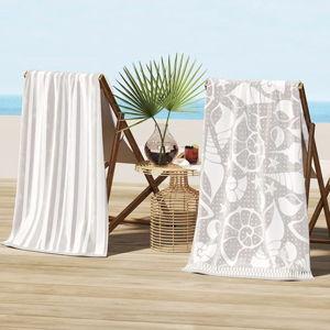 Great Bay Home 100% Cotton Beach Towels | 2 Pack of 30 x 60" Navy Pool Towels for Adults and Kids | Absorbent & Quick Dry Towels (Grey/White Seashells/Stripe)