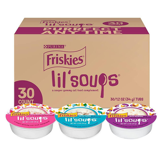 Purina Friskies Grain Free Wet Cat Food Complement Variety Pack, Lil' Soups with Salmon, Tuna or Shrimp - (30) 1.2 oz. Cups
