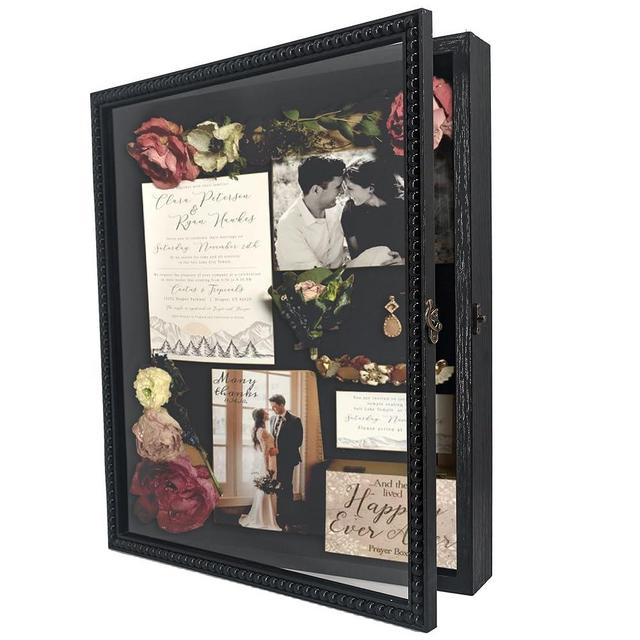 FramePro Shadow Box Deep Front Open with Hinge Beaded Designed Display Case with Linen Back, Picture Frame Wedding Bouquet Memorabilia Medals Photos Memory Box for Keepsakes Black 13x16