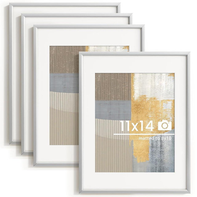 11x14 inch Metal Picture Frame - 11 x 14 Thin Aluminum Photo Frames with 8x10 Removable Mat - High Definition Plexiglass - Vertical and Horizontal Display - Wall Hook Hanging Hardware Included - Silver, Set of 4