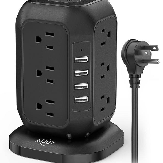 Power Strip Tower with USB Ports-AiJoy Surge Protector with 12 AC Outlet and 4 USB Ports, 10 FT Extension Cord, USB Charging Station with Overload Protection, Living Room, Office, College Dorm