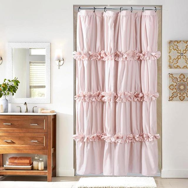 Homechoice Decor Peach Small Stall Ruffle Shower Curtain 36" W x 72" H, Vintage Handcrafted Bow Tie Bath Curtain for Master Bathroom, Ruched Microfiber Bathroom Curtain with 7 Buttonholes (LQ-10)