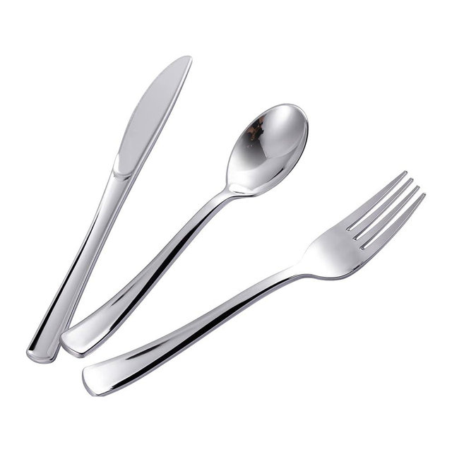 N9R 500PCS Silver Plastic Cutlery Set - 200 Forks, 150 Knives, 150 Spoons - Disposable, Premium, Sturdy - Silver, Plastic - Perfect for Gathering, Weddings, Parties