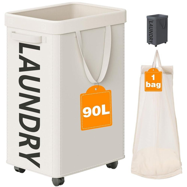 Optish Laundry Basket with Wheels, 90L Rolling Laundry Hamper with Wheels, Large Clothes Hamper on Wheel with Removable Mesh Bag for Bedroom, Bathroom, Dorm, White
