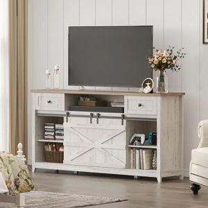 Farmhouse Tv Stand For Up To 75" Tv, Tall Entertainment Center With Adjustable Shelves, Sliding Barn Door, Drawers, Large Open Storage Spaces, Tv Console For Living Room, Bedroom, Rustic White