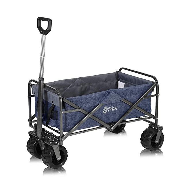 Sekey Folding Wagon Cart Beach Cart Collapsible Outdoor Utility Wagon Heavy Duty Wagon Collapsible Wagon with All-Terrain Wide Wheels and Telescopic Handle, 176 Pound Capacity, Dark Blue