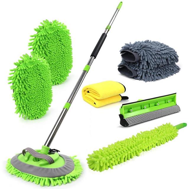 62'' Car Wash Brush with Long Handle Car Wash Mop Mitt Chenille Car Cleaning kits Windshield Window Squeegee Car Duster Microfiber Towel Gloves for Cars RV SUV Truck 11PCS