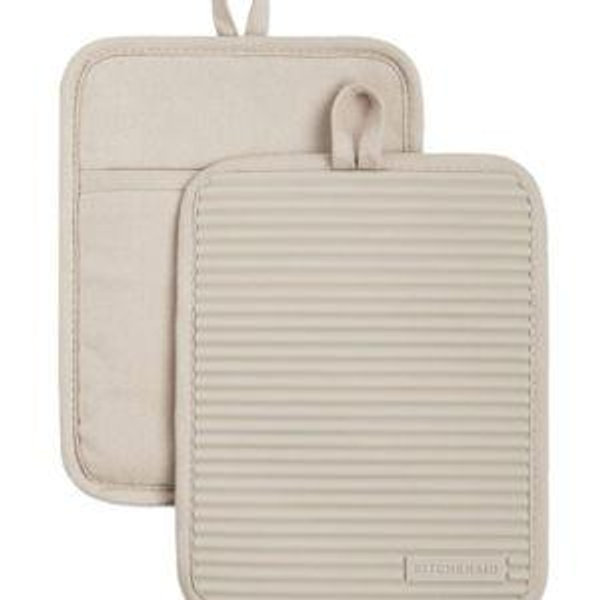 KitchenAid Ribbed Soft Silicone Pot Holder 2-Pack Set, Milkshake Tan, 7"x9"