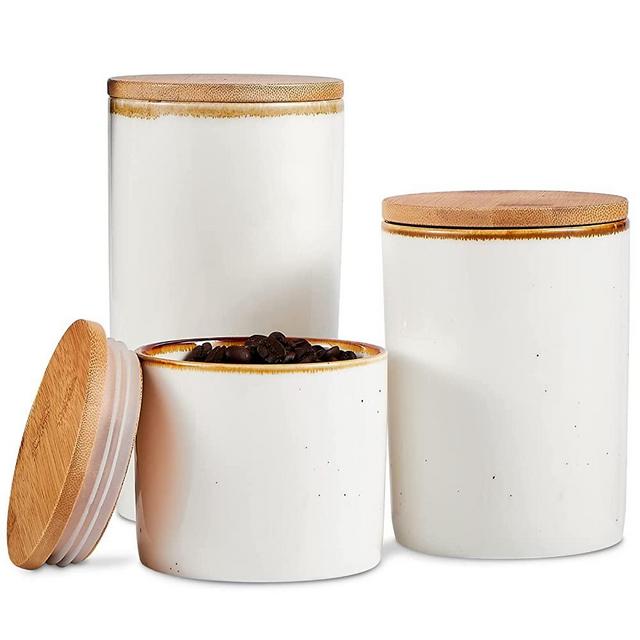 ONEMORE Ceramic Storage Jars Food Storage Canisters With Bamboo Lids Set of 3 Speckled Coffee Container Jars for Sugar, Tea, Cereal, Snack