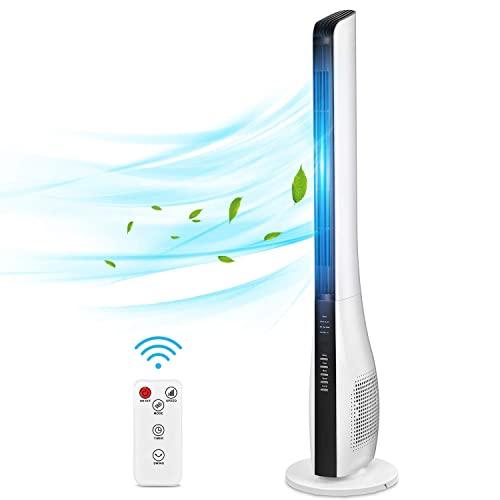 TRUSTECH Oscillating Tower Fan w/ Remote Control - 43Inch White Quiet Bladeless Whole-Room Cooling Fan w/ 3 Mode 3 Speed & 7.5H Timer, Air Circulator Standing Fan for Bedroom Living Room Office Home