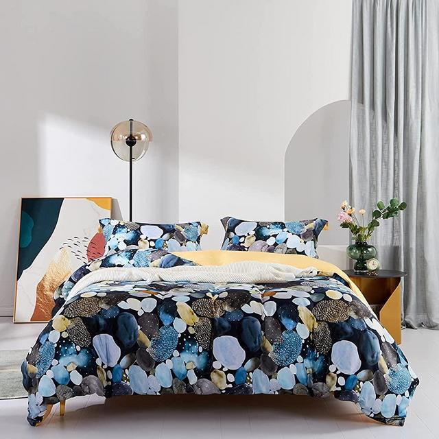 MILDLY 3pcs Duvet Cover Set King Size, 100% Cotton Duvet Cover Pebble Stone Pattern Printed (No Comforter)