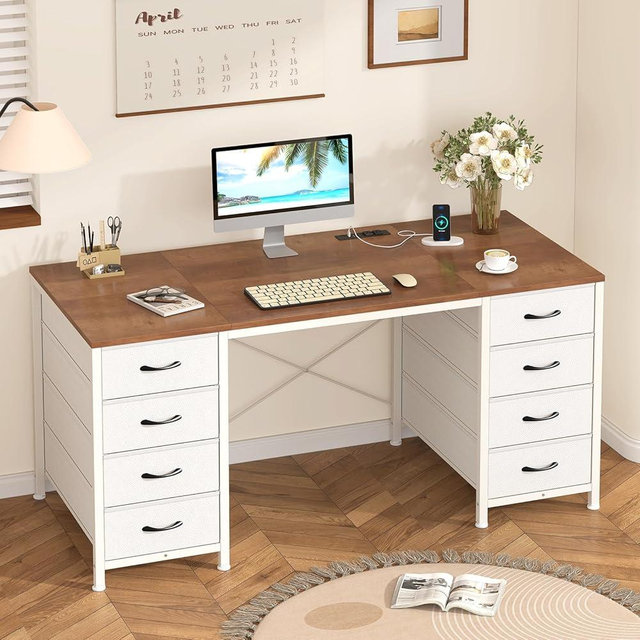YOMILUVE 50 Inch Computer Desk with 8 Drawers, Home Office Desk with Power Outlets, Work Study Gaming Desk with 8 Fabric Drawers, Brown and White